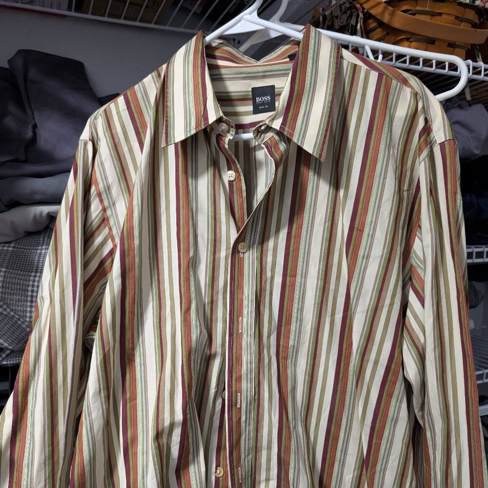 Hugo Boss Slim Fit Button Front Cotton Sport Shirt. Green/Brown Stripe,Men's XXL